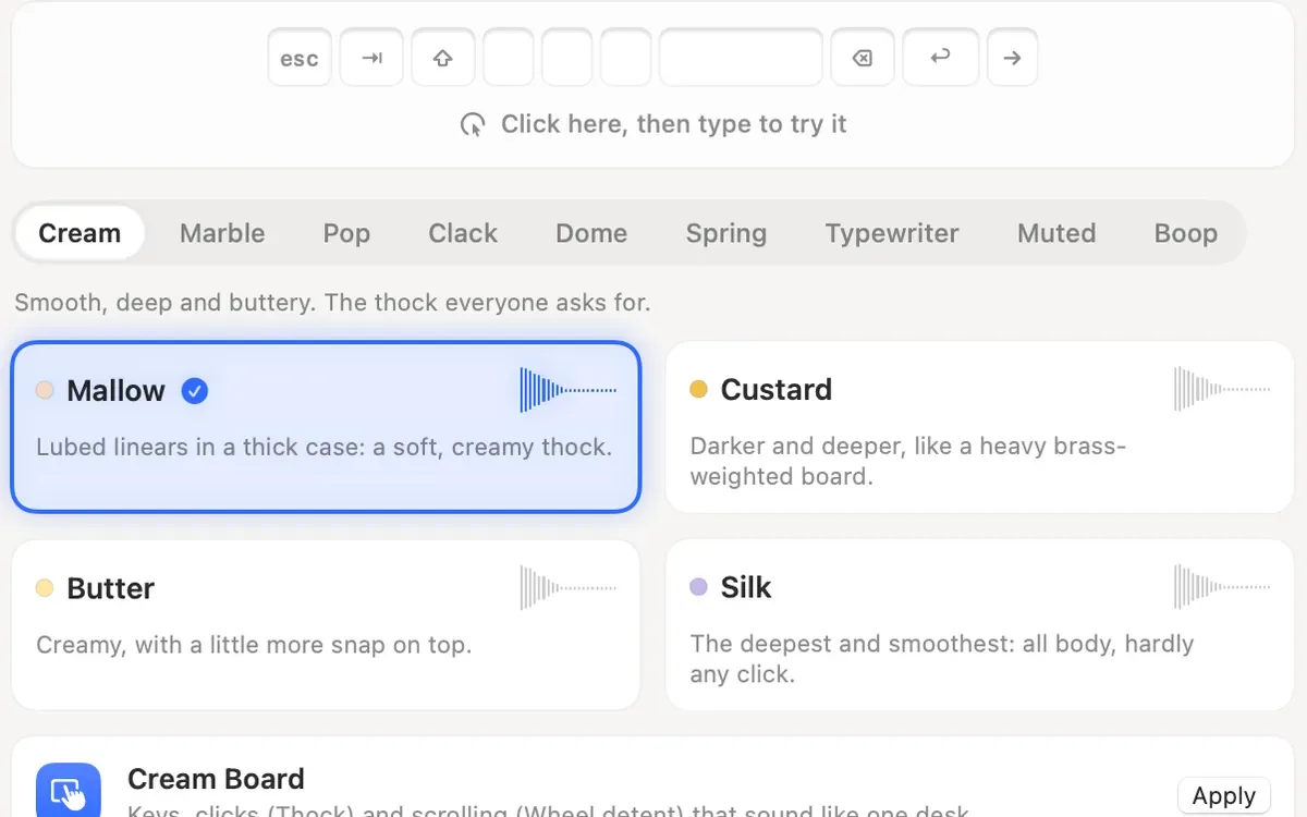 Clacky’s Keyboard sounds settings: a row of keys to try sounds, the families Cream, Marble, Pop, Clack, Dome, Spring, Typewriter, Muted and Boop, and the Cream sounds Mallow (selected), Custard, Butter and Silk, each with a one-line description.