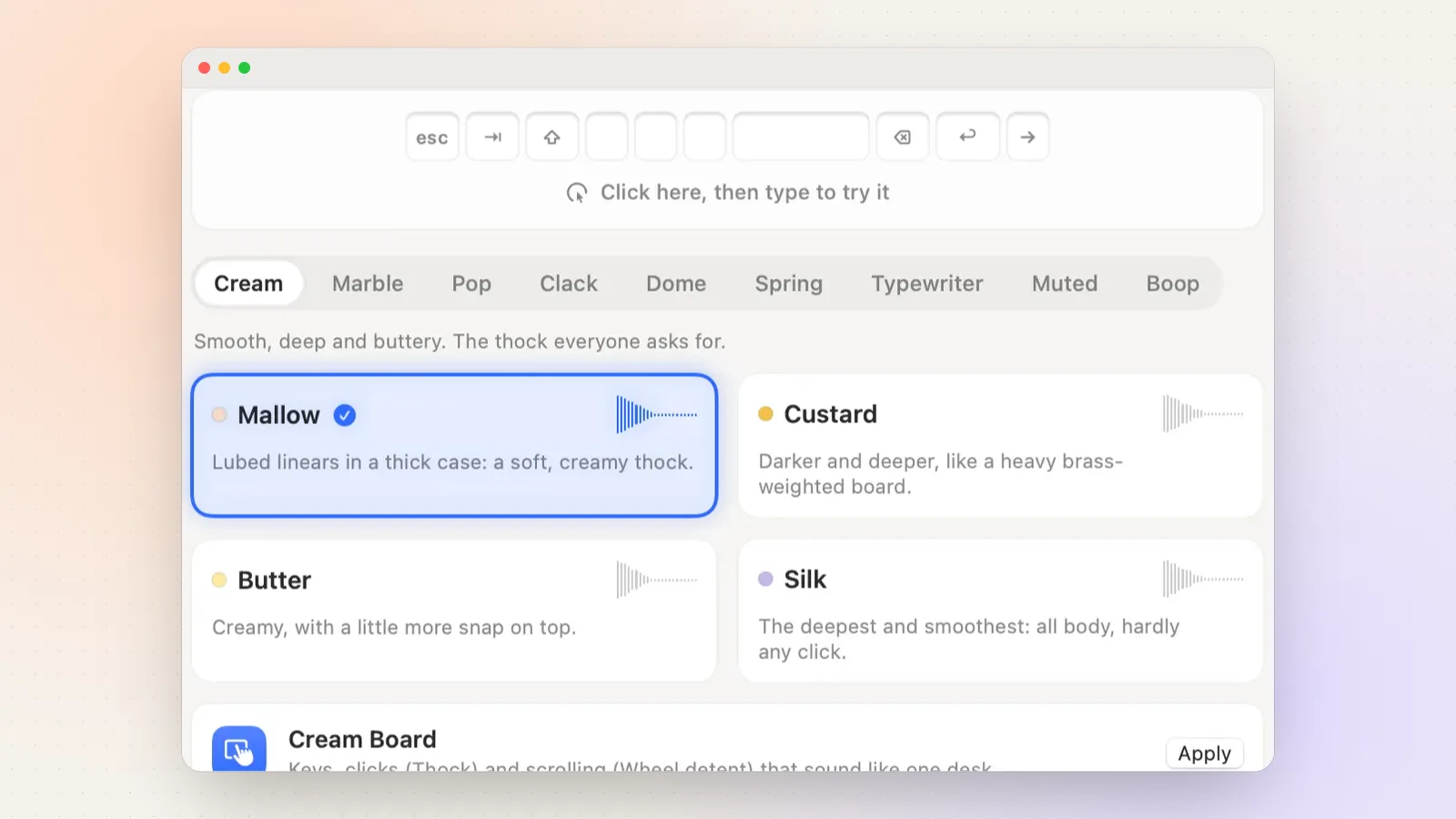 Clacky’s Keyboard sounds settings in a Mac window: the sound families Cream, Marble, Pop, Clack, Dome, Spring, Typewriter, Muted and Boop, with the Cream sounds Mallow, Custard, Butter and Silk.