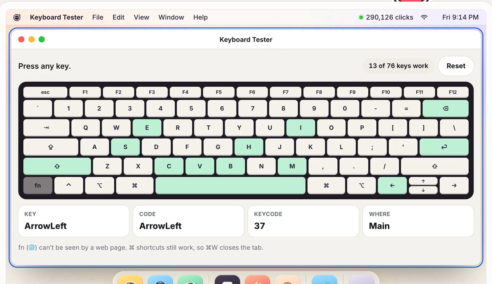 The free keyboard tester on clacky.app after typing a few keys: the pressed keys are green on an on-screen Mac keyboard, the counter says 13 of 76 keys work, and the last key is shown as ArrowLeft, code ArrowLeft, keycode 37.