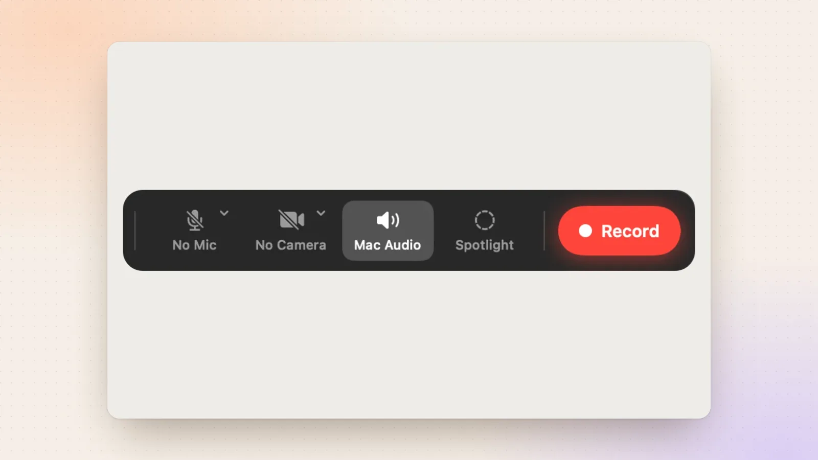Clacky’s recorder bar in a Mac window: No Mic, No Camera, Mac Audio switched on, Spotlight, and a red Record button.
