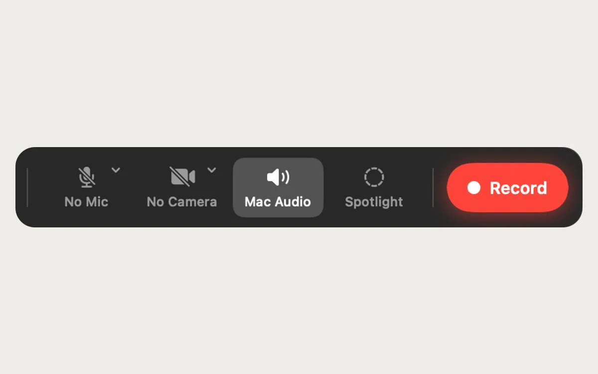 A close-up of Clacky’s recorder controls: a microphone menu set to No Mic, a camera menu set to No Camera, the Mac Audio button switched on, Spotlight, and Record.
