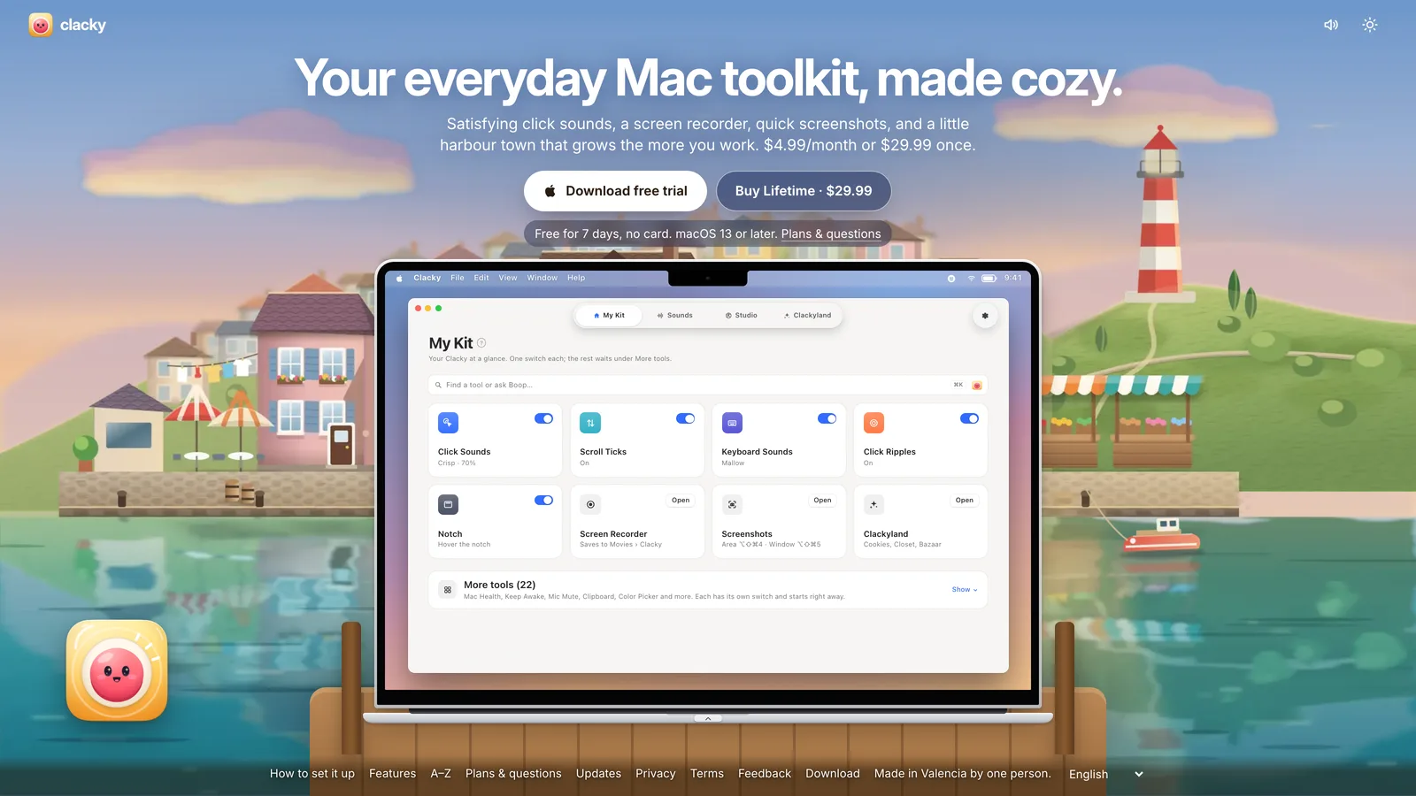 The clacky.app home page: a MacBook on the pier of a painted harbour town, showing the Clacky window with My Kit open.