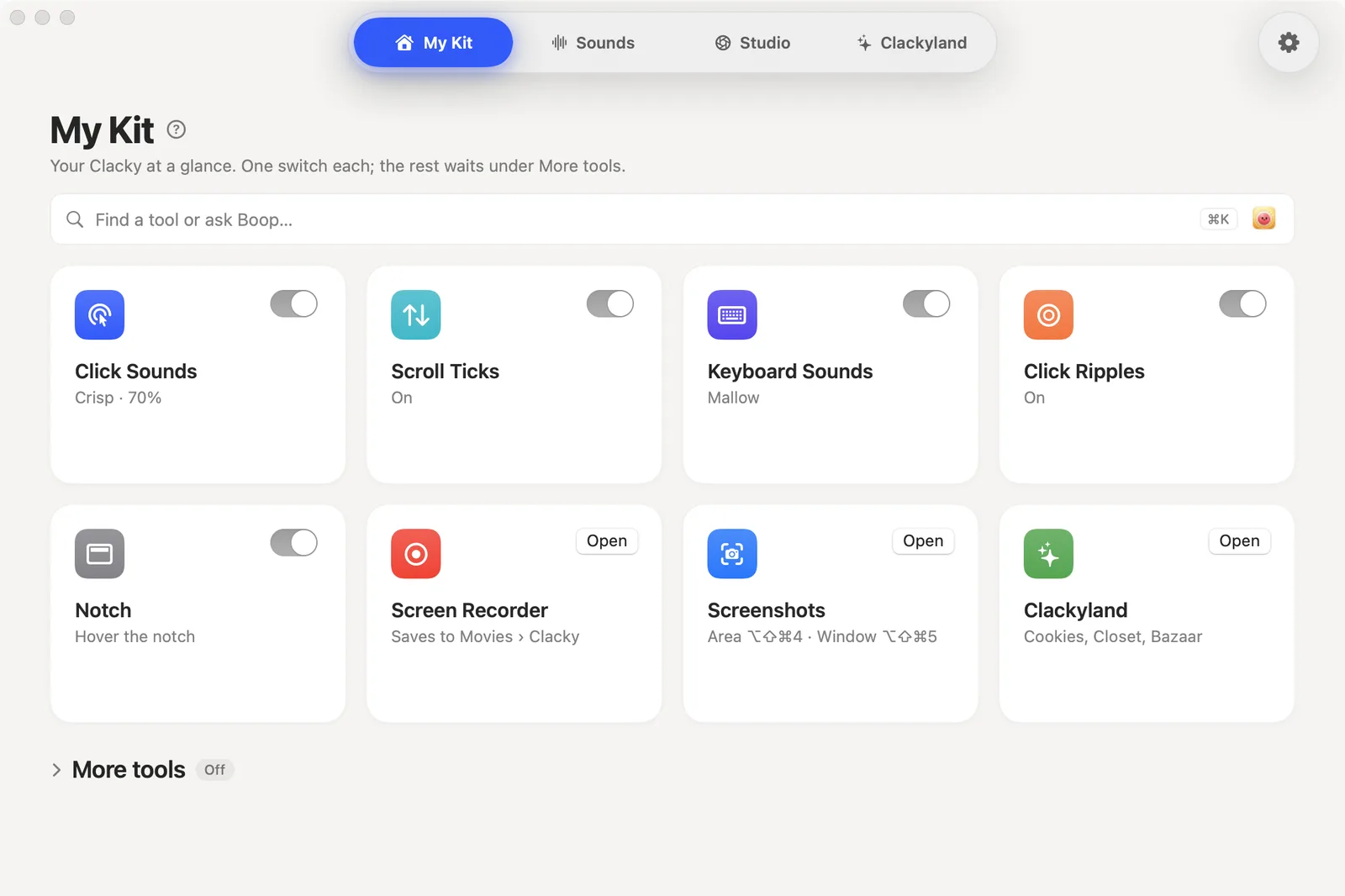 Clacky’s My Kit window: eight tiles for Click Sounds, Scroll Ticks, Keyboard Sounds, Click Ripples, Notch, Screen Recorder, Screenshots and Clackyland, each with a switch or an Open button.