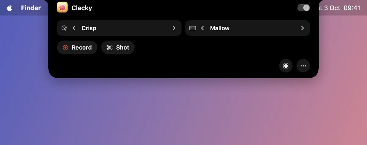Clacky’s notch panel open at the top of a Mac screen: the Clacky switch, the current click sound Crisp and keyboard sound Mallow with arrows to change them, and Record and Shot buttons.