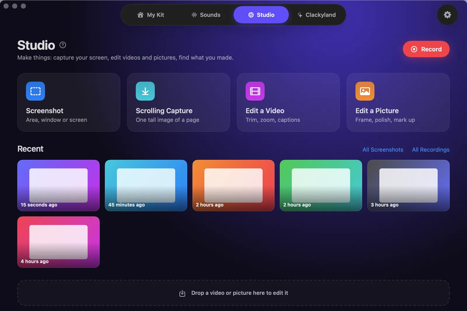 Clacky’s Studio place in dark mode: a red Record button, tiles for Screenshot, Scrolling Capture, Edit a Video and Edit a Picture, and a row of recent recordings.