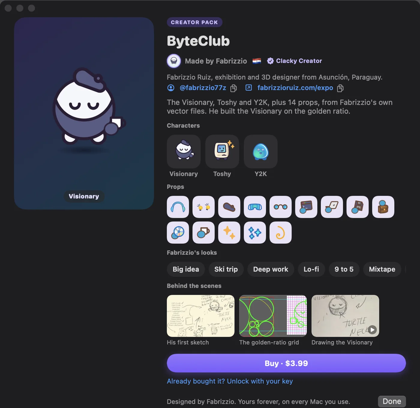 The ByteClub pack sheet in Clacky: the Visionary, Toshy and Y2K, 14 props, Fabrizzio’s looks and the behind-the-scenes sketches