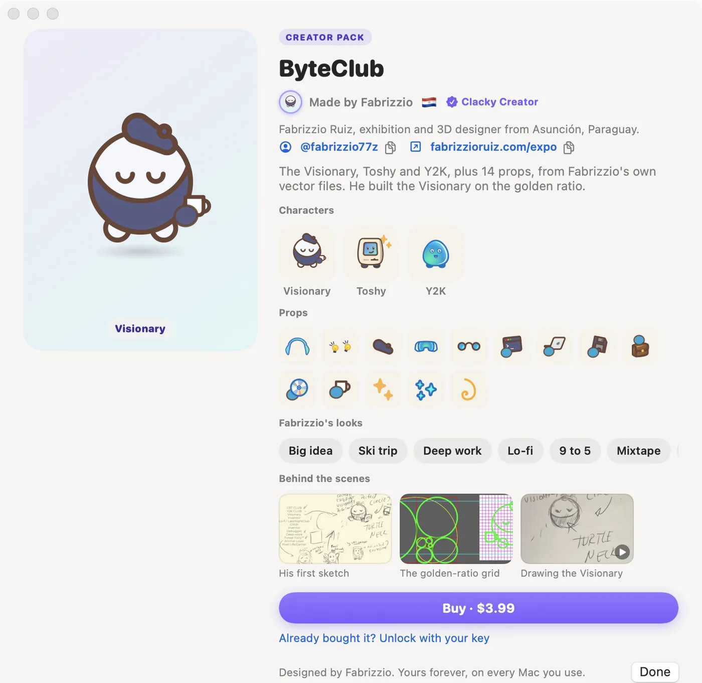 The ByteClub pack sheet in Clacky: the Visionary, Toshy and Y2K, 14 props, Fabrizzio’s looks and the behind-the-scenes sketches
