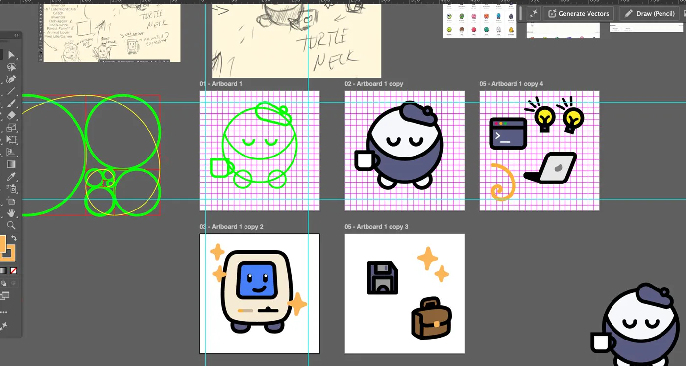 The final artboards in Illustrator: the Visionary on the grid, coloured, Toshy, and props like the terminal, light bulbs, laptop and floppy