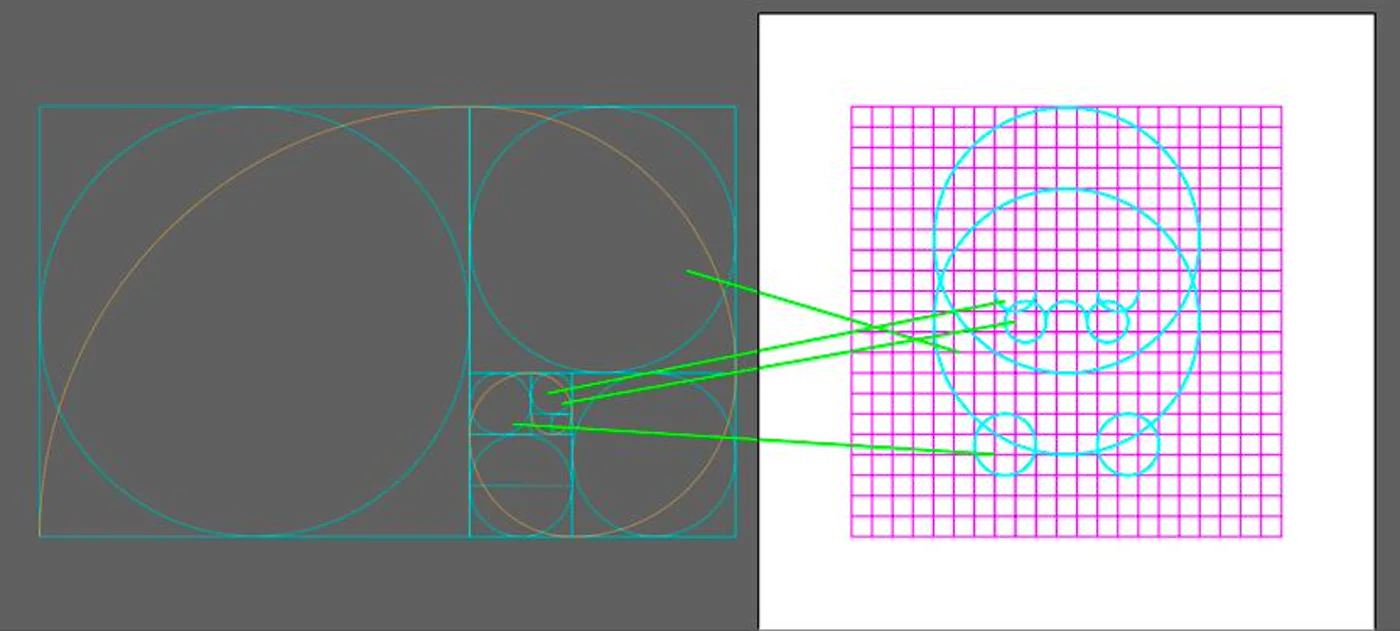 The golden rectangle and spiral in Illustrator, with lines to the circles of the Visionary’s body, eyes and feet