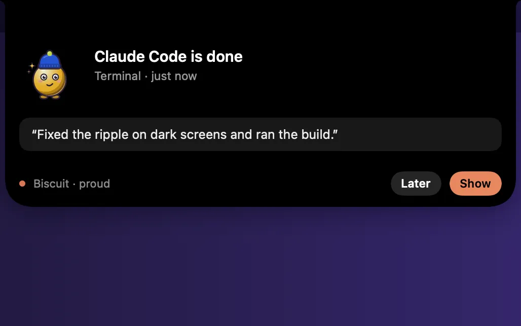 노치 아래 Blip 알림: “Claude Code is done”, Later와 Show 버튼