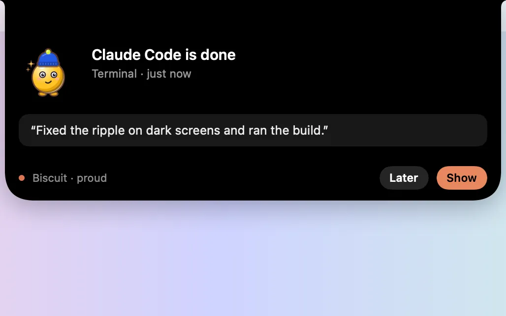 A Blip alert under the notch: “Claude Code is done”, with Later and Show