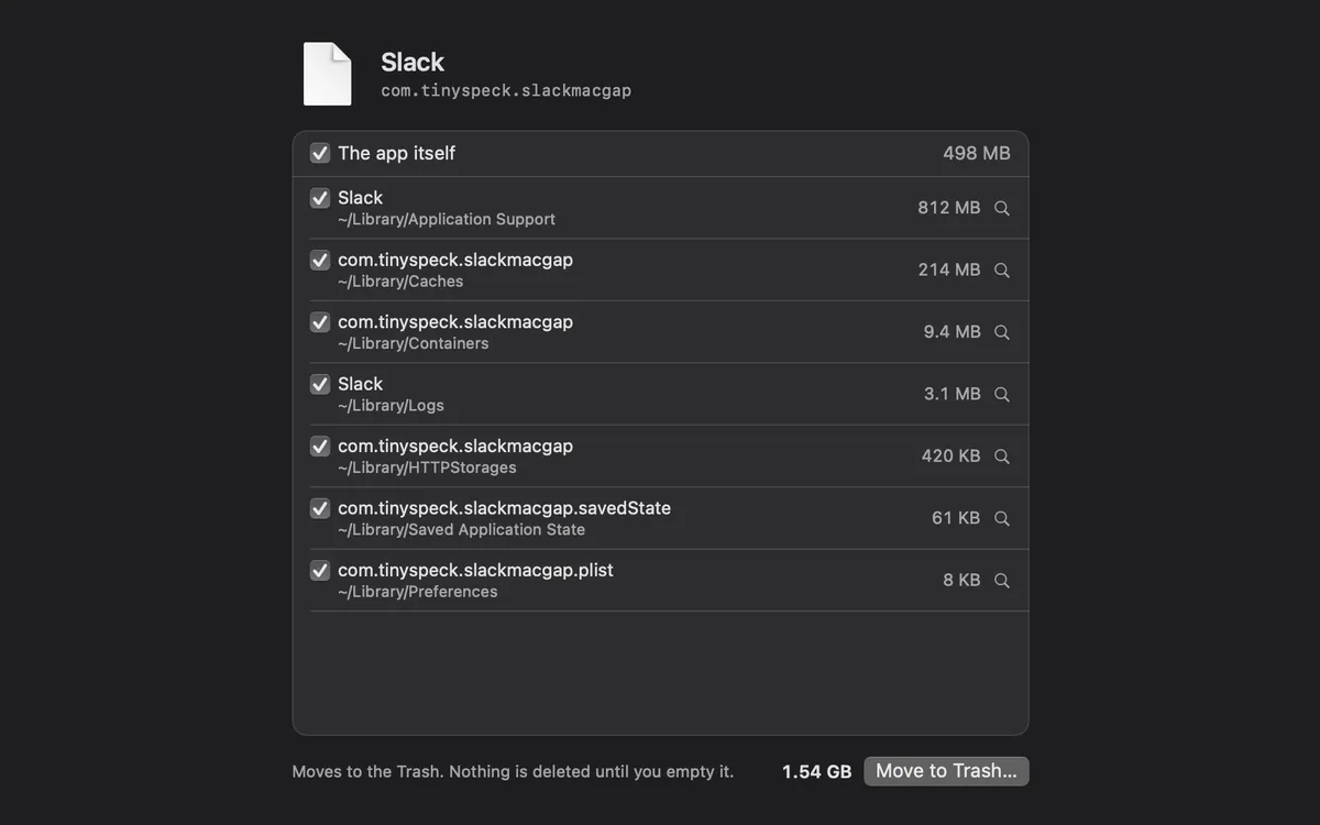 앱 제거: Slack과 라이브러리에 남은 파일, 모두 1.54 GB