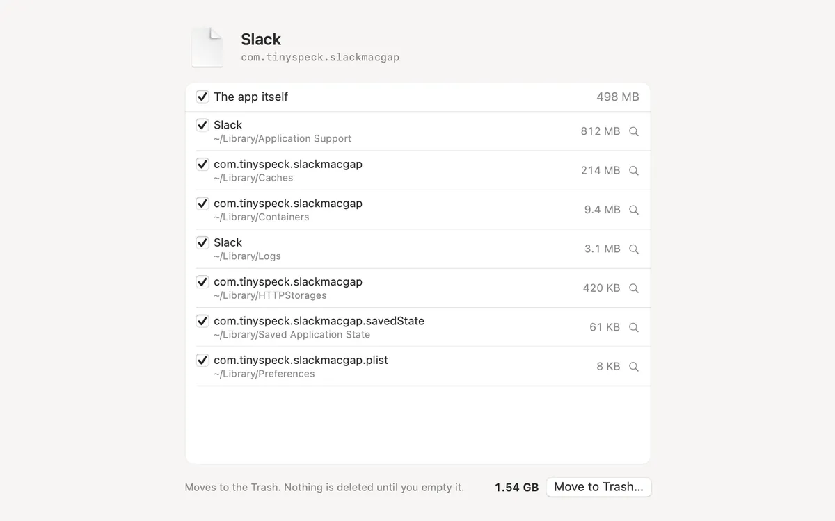 App Uninstaller: Slack and the files it left in the Library, 1.54 GB in all