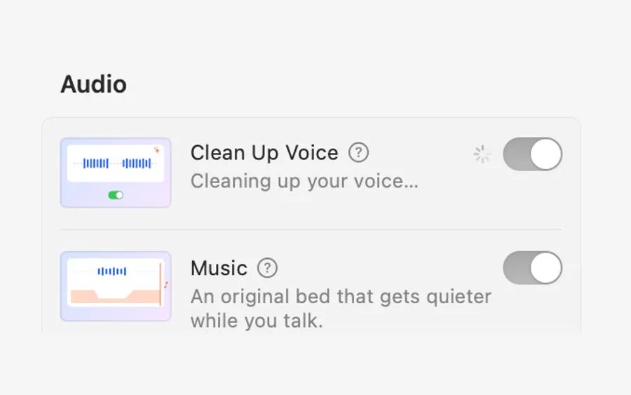 Demo Studio’s Audio panel: Clean Up Voice switched on and working