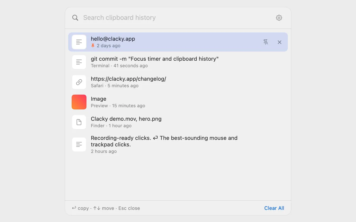 Clipboard History: recent copies with search, a pinned email address and an image