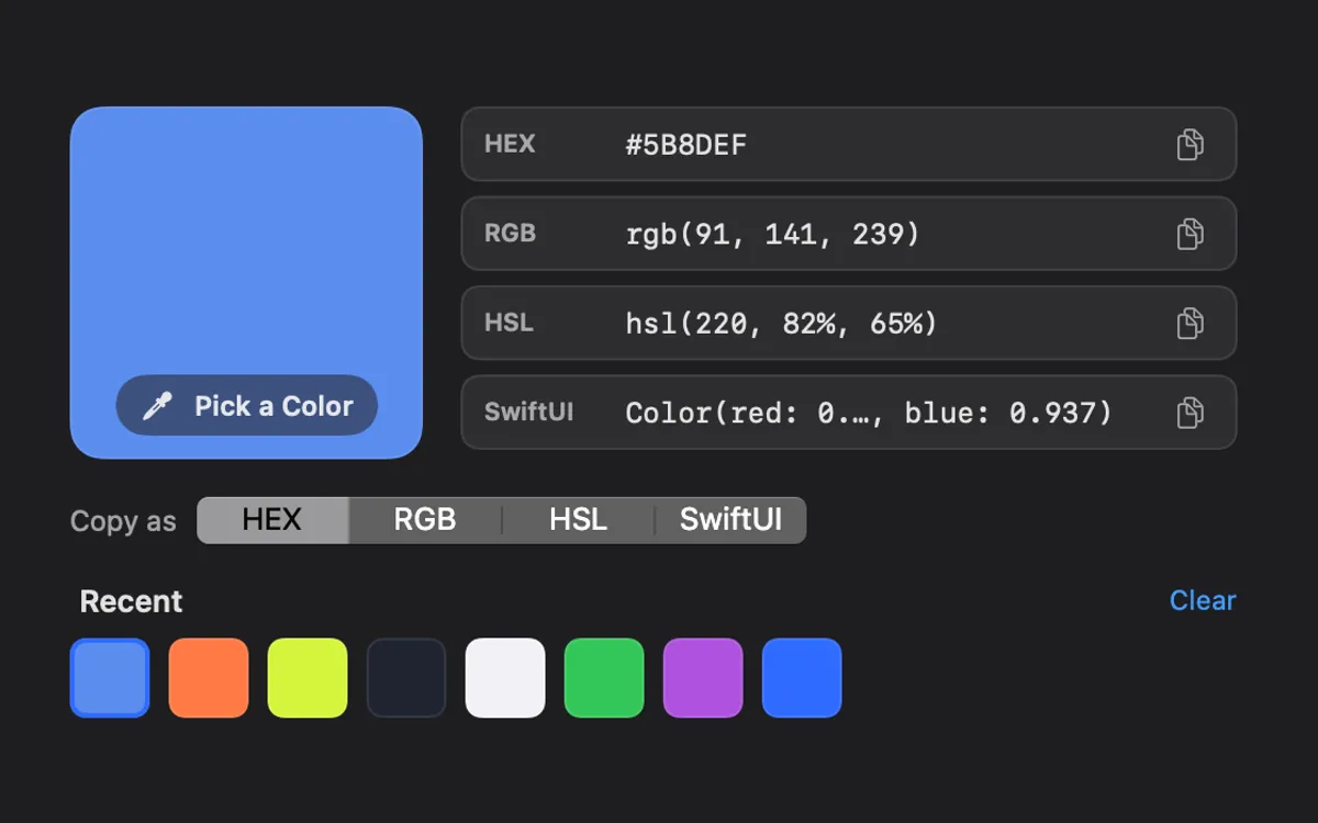 색상 선택기: 고른 파란색을 HEX, RGB, HSL, SwiftUI로 표시, 최근 색상 포함
