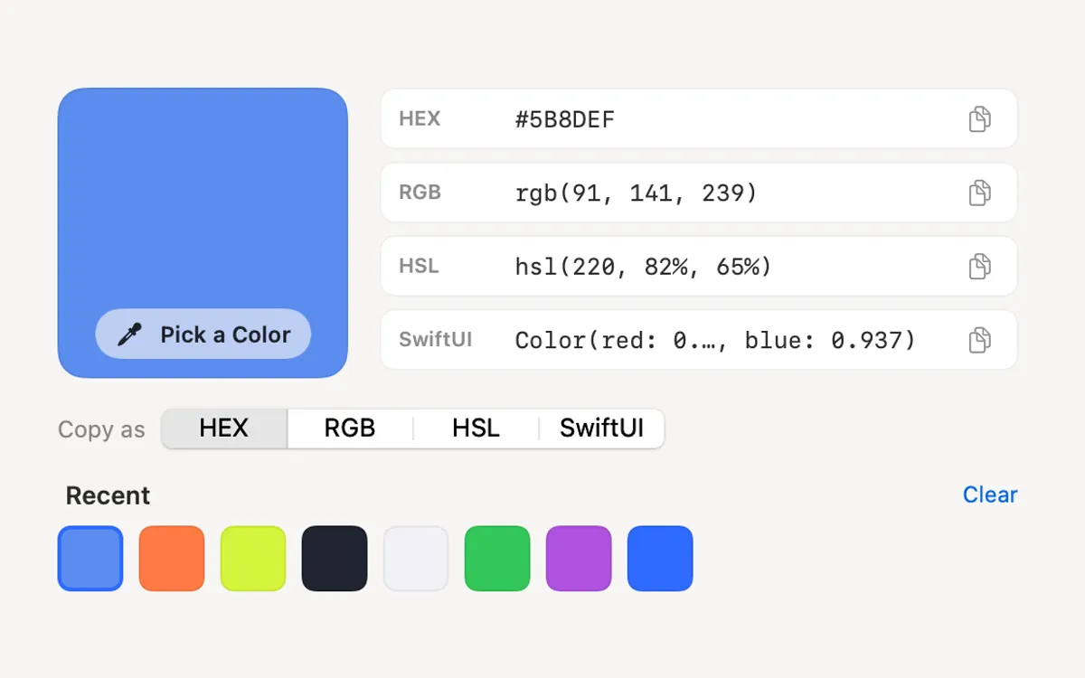 Color Picker: a picked blue as HEX, RGB, HSL and SwiftUI, with recent colours