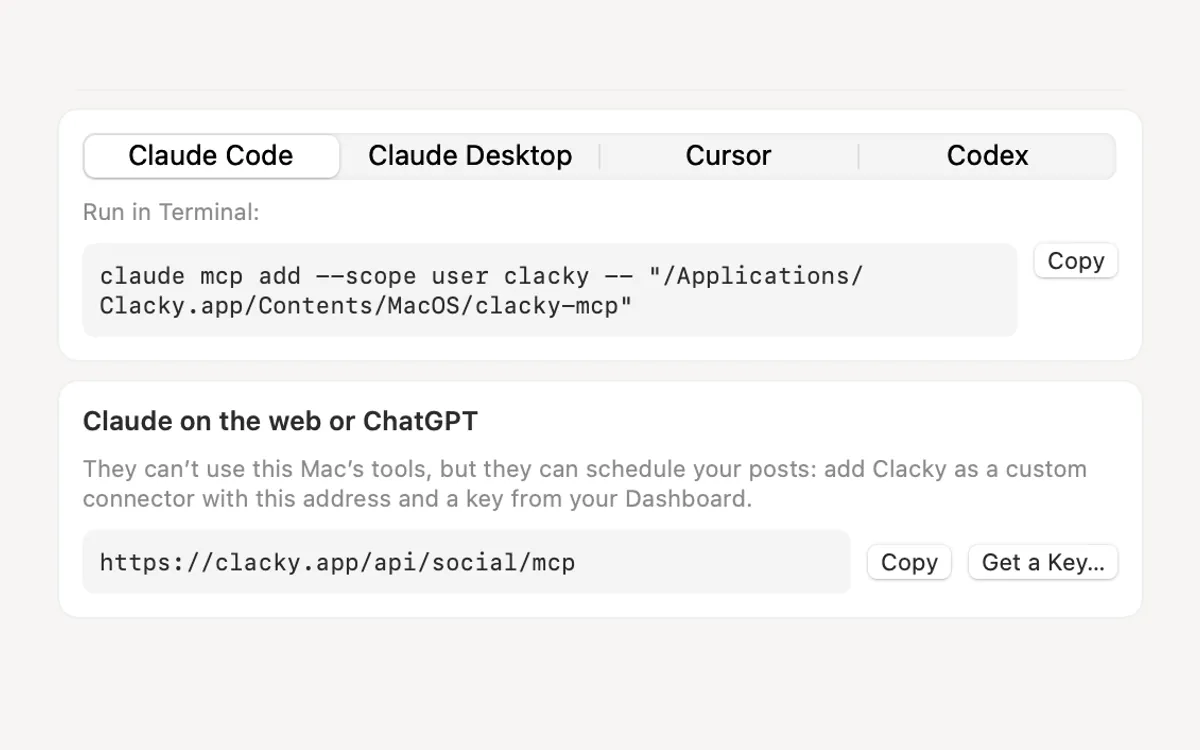 Connect AI tools: the Claude Code setup line with a Copy button