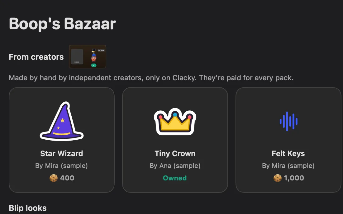 Boop’s Bazaar: Star Wizard, Tiny Crown 같은 크리에이터 아이템, 각각 만든 사람 이름 표시