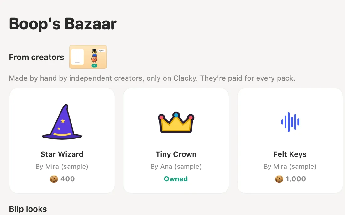 Boop’s Bazaar: creator items like Star Wizard and Tiny Crown, each with its maker’s name