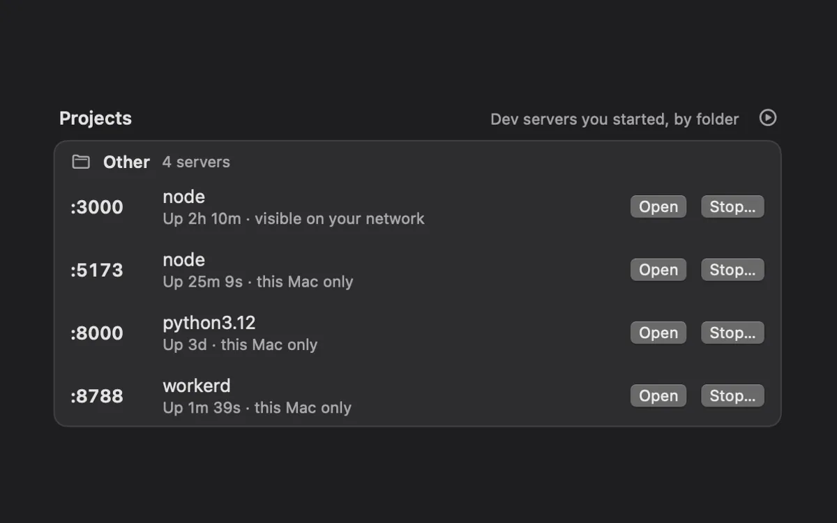 Mac Health’s Projects list: four dev servers by port, each with Open and Stop