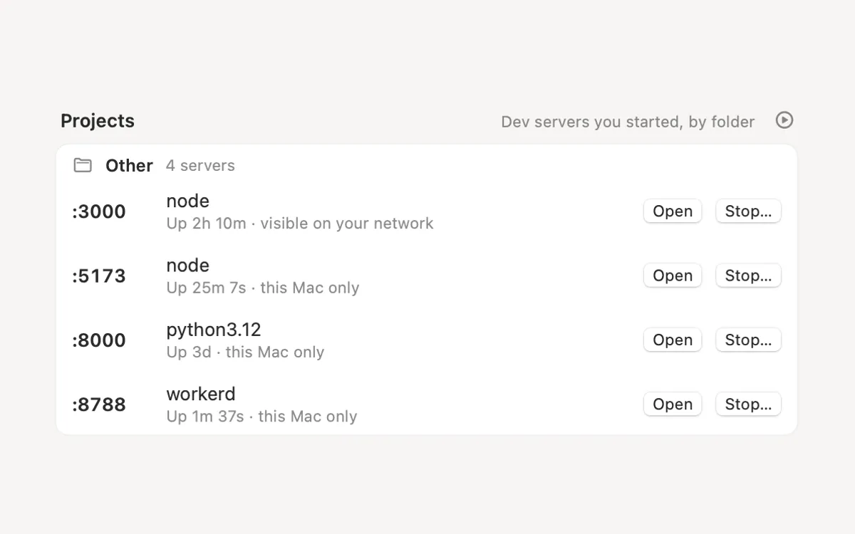 Mac Health’s Projects list: four dev servers by port, each with Open and Stop