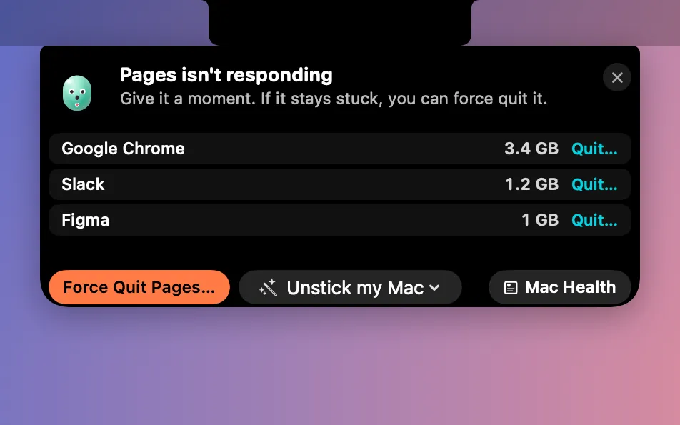 Freeze Guard under the notch: Pages isn’t responding, with the apps using the most memory