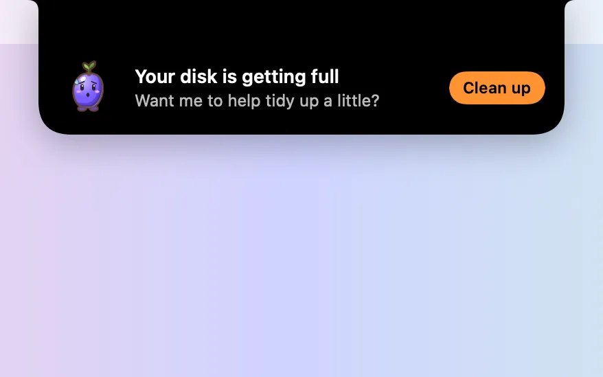 A Blip under the notch: “Your disk is getting full”, with a Clean up button