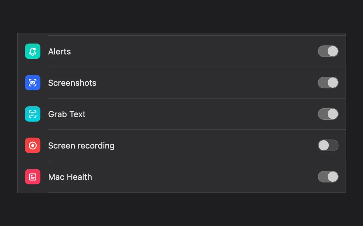 AI 도구 스위치: 알림, 스크린샷, Grab Text, 화면 녹화, Mac Health
