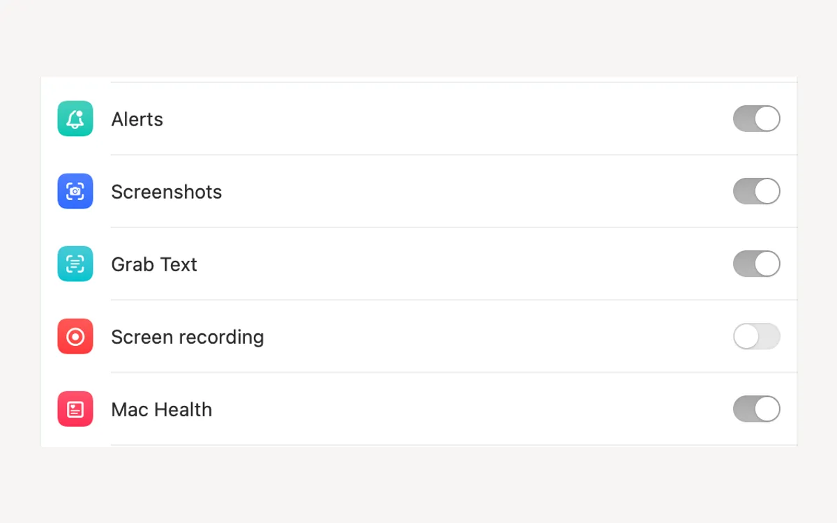 Connect AI tools switches: alerts, screenshots, Grab Text, screen recording, Mac Health