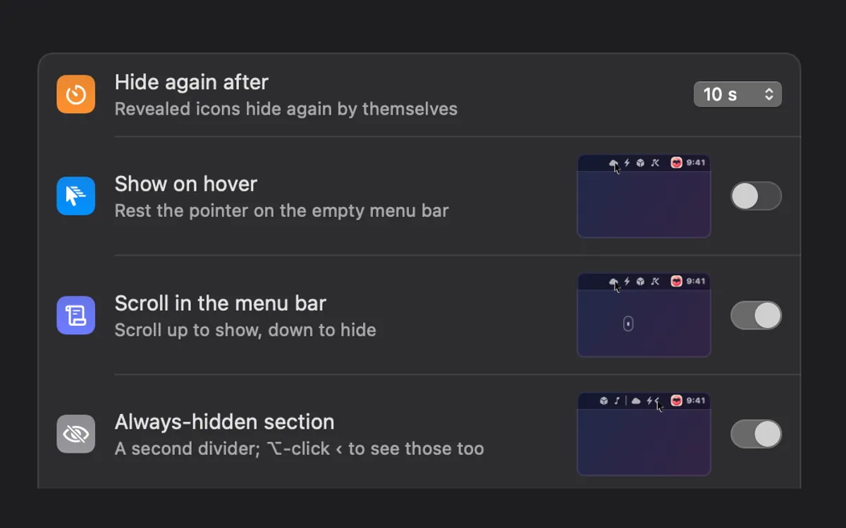 Menu Bar Tidy 설정: 10초 후 다시 숨기기, 마우스를 올리면 보이기, 스크롤, 항상 숨김 영역