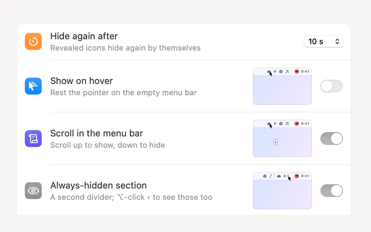 Menu Bar Tidy settings: hide again after 10 s, show on hover, scroll, always-hidden section