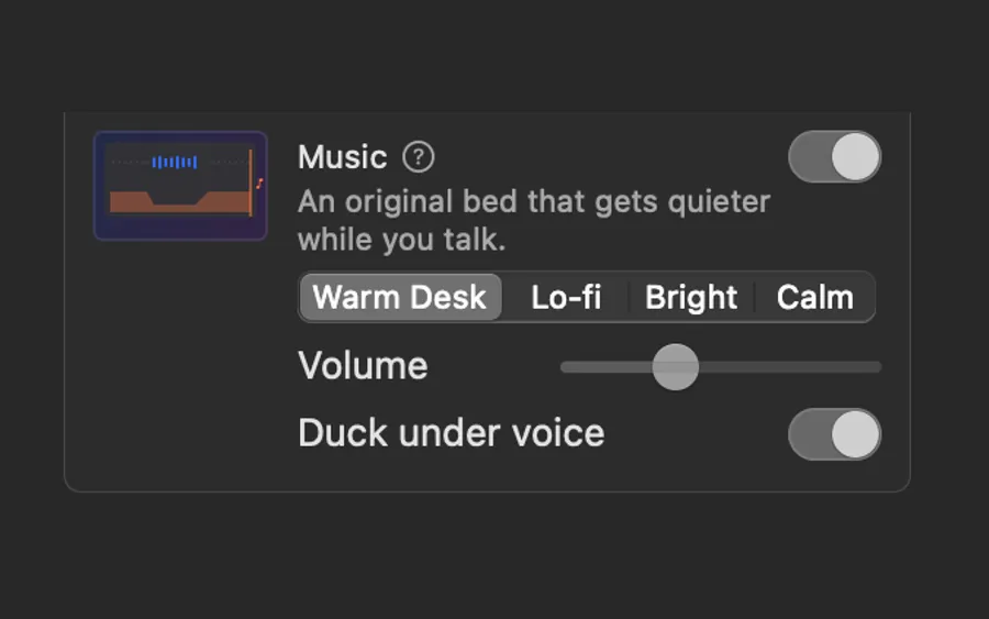 Demo Studio 음악 줄: Warm Desk, Lo-fi, Bright, Calm, 음량과 목소리 아래로 줄이기