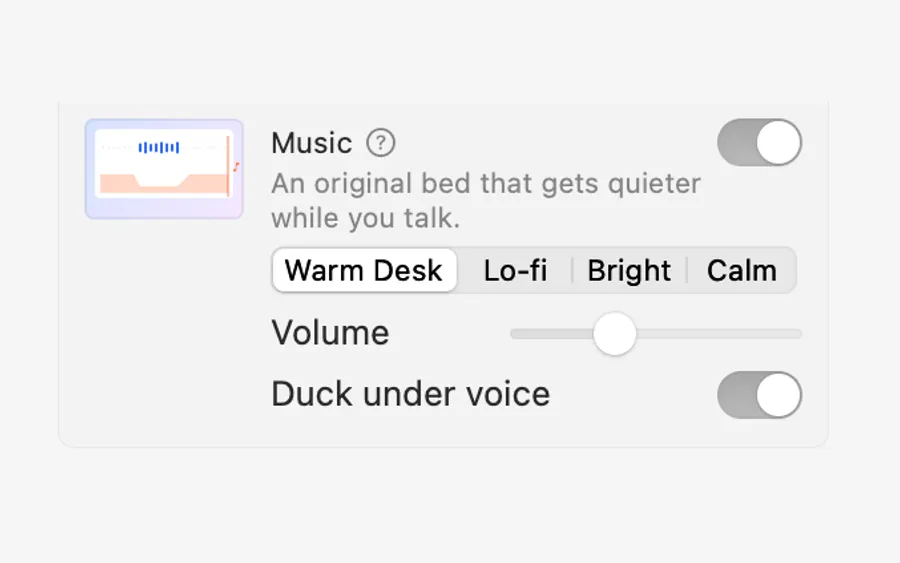 Demo Studio’s Music row: Warm Desk, Lo-fi, Bright or Calm, with volume and duck under voice
