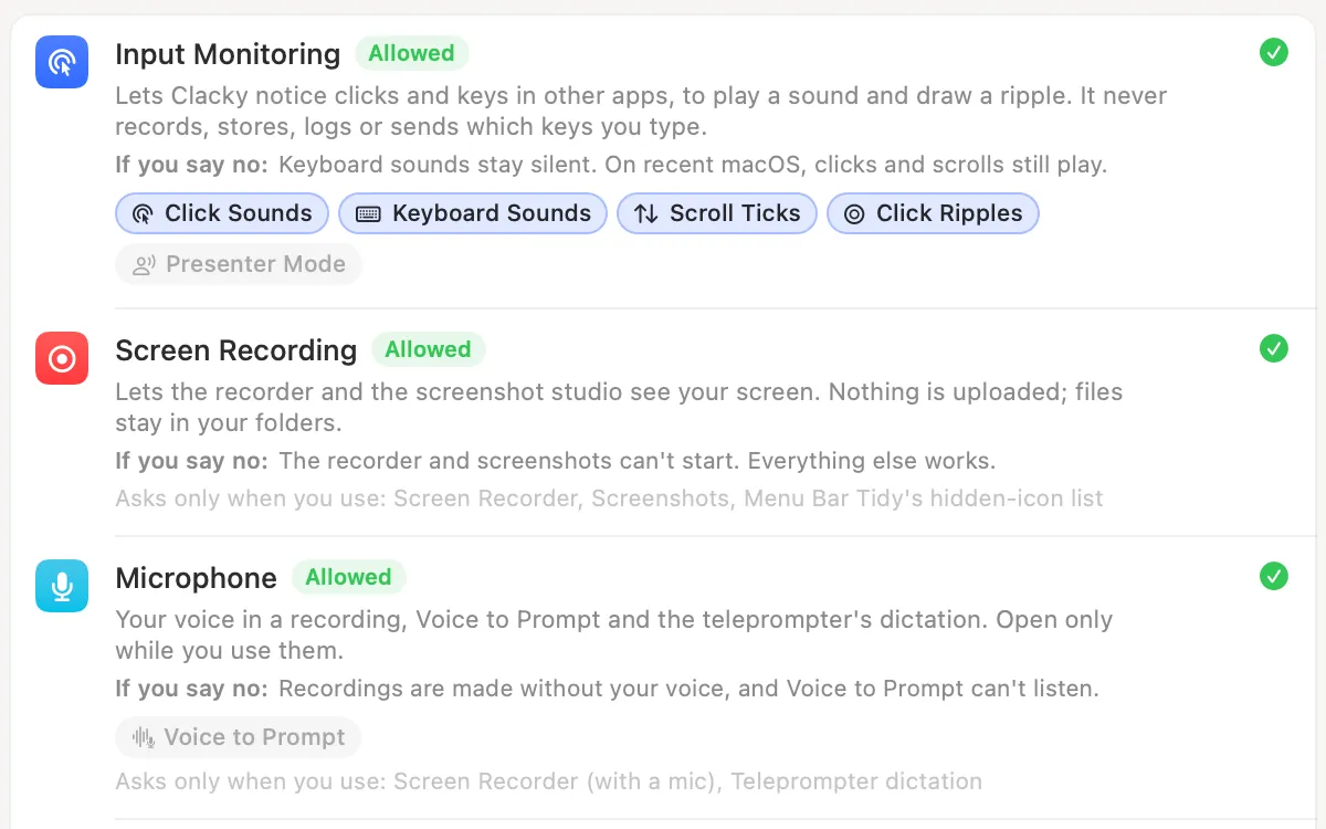 Privacy & Permissions: Input Monitoring, Screen Recording and Microphone, each explained