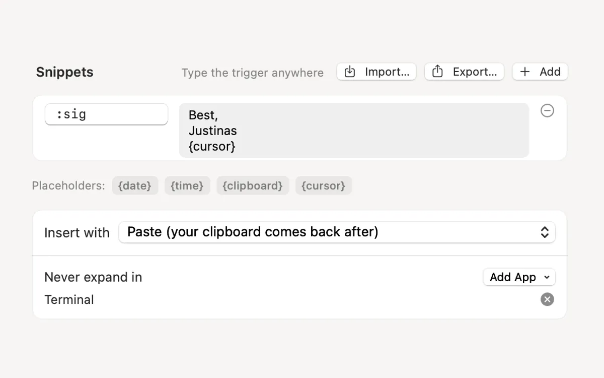 Text Expander settings: the :sig snippet and how it is inserted
