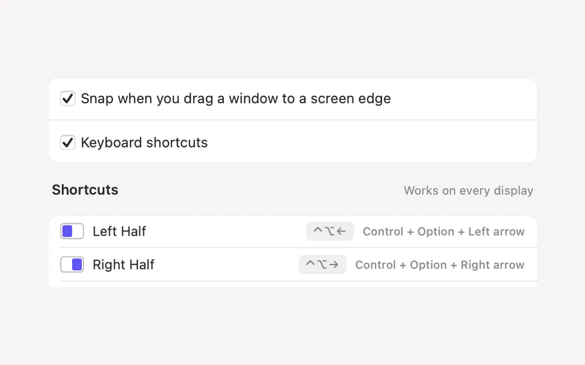 Window Snapping settings: snap on drag, with the Left Half and Right Half shortcuts