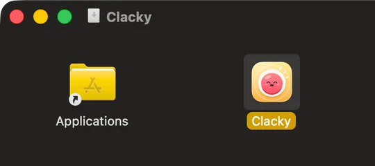 Clackyのウインドウで、Clackyのアイコンを「アプリケーション」フォルダにドラッグしているところ