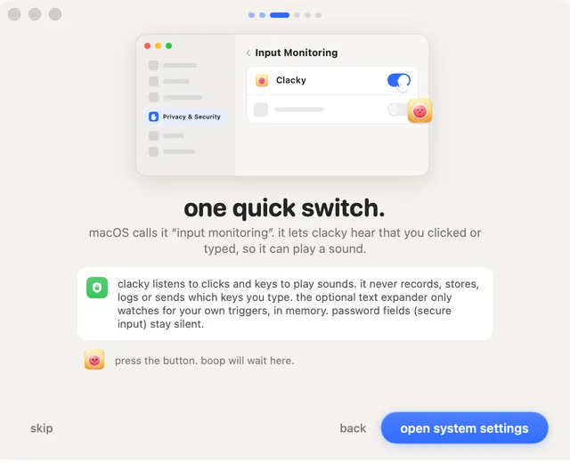 スイッチひとつだけ:macOSが求める前にClackyが入力監視について説明し、システム設定を開きます。