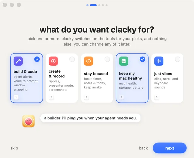 Clackyを何に使う? 5枚のカード:開発・コーディング、制作・収録、集中する、Macを元気に保つ、ただ楽しむ。ひとつでもいくつでも選べます。