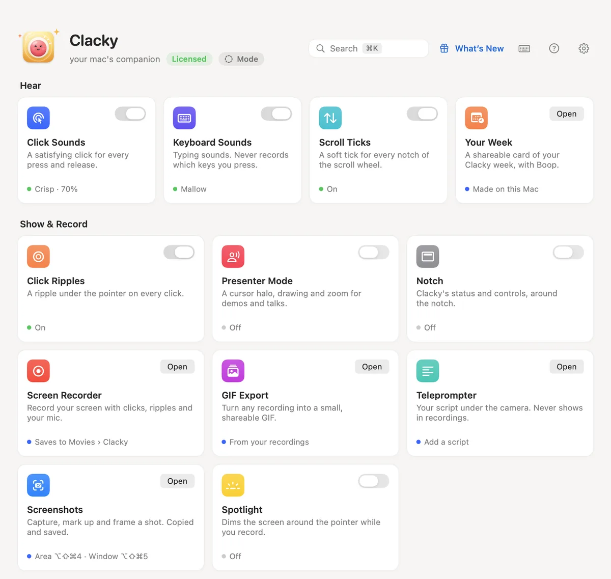Das Clacky-Dashboard: Tools für Hören, Zeigen & Aufnehmen, jedes mit eigenem Schalter